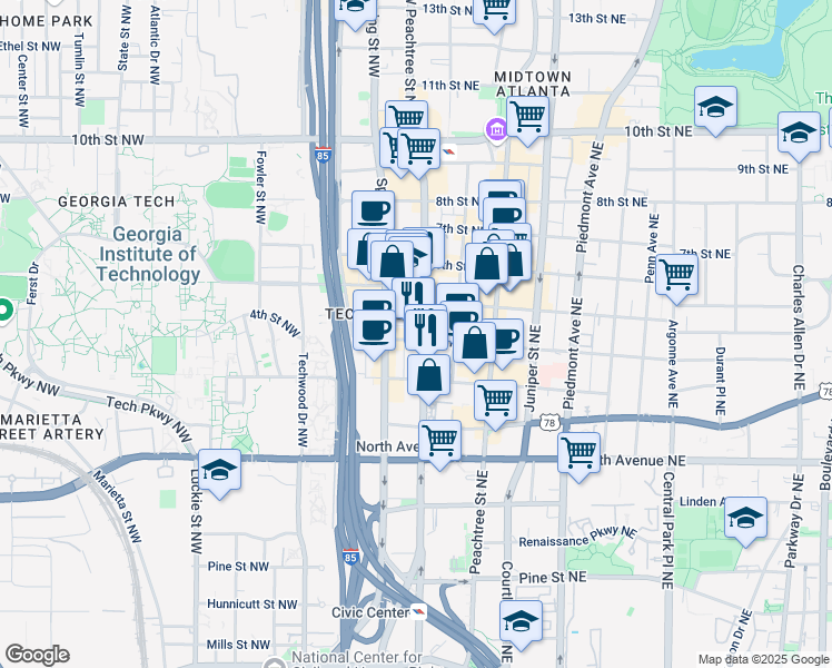 map of restaurants, bars, coffee shops, grocery stores, and more near 755 West Peachtree Street Northwest in Atlanta