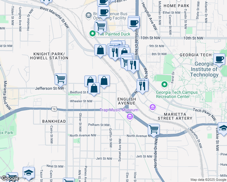 map of restaurants, bars, coffee shops, grocery stores, and more near 763 Griffin Street Northwest in Atlanta