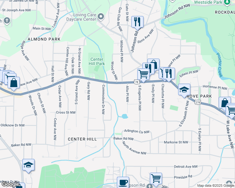 map of restaurants, bars, coffee shops, grocery stores, and more near 2176 Donald Lee Hollowell Pkwy NW in Atlanta