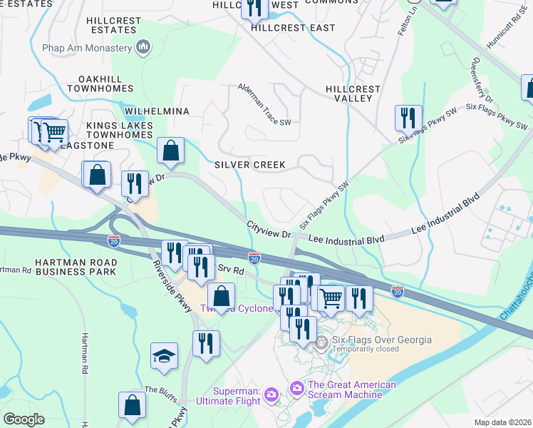 map of restaurants, bars, coffee shops, grocery stores, and more near 206 Silver Arrow Circle in Austell