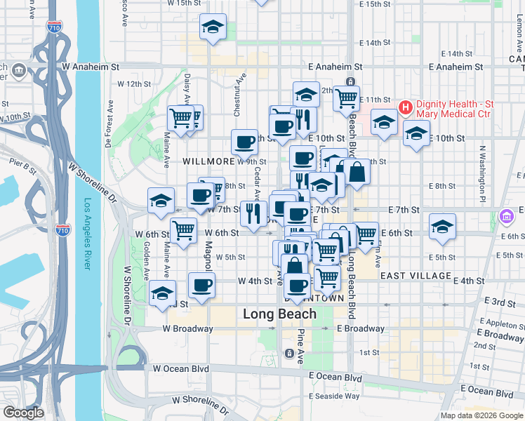 map of restaurants, bars, coffee shops, grocery stores, and more near 1040 North Cedar Avenue in Long Beach