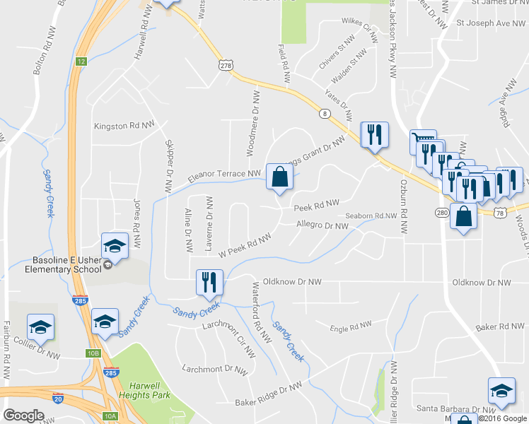 map of restaurants, bars, coffee shops, grocery stores, and more near 2992 W Peek Road Northwest in Atlanta