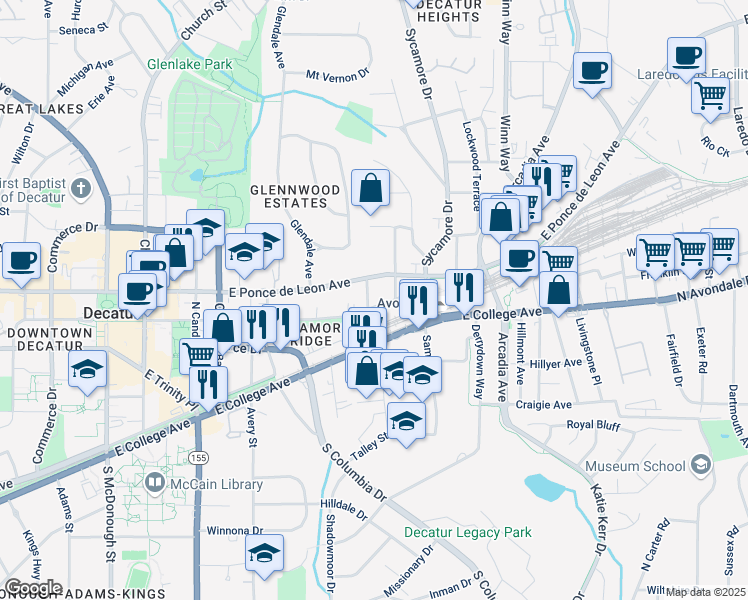 map of restaurants, bars, coffee shops, grocery stores, and more near 108 Glenn Street in Decatur