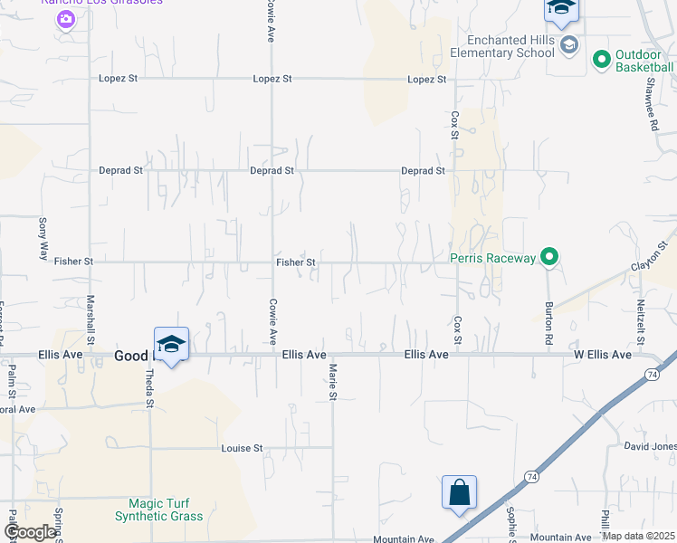 map of restaurants, bars, coffee shops, grocery stores, and more near 22661 Fisher Street in Perris