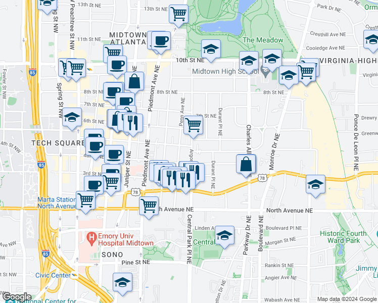 map of restaurants, bars, coffee shops, grocery stores, and more near 758 Argonne Avenue Northeast in Atlanta