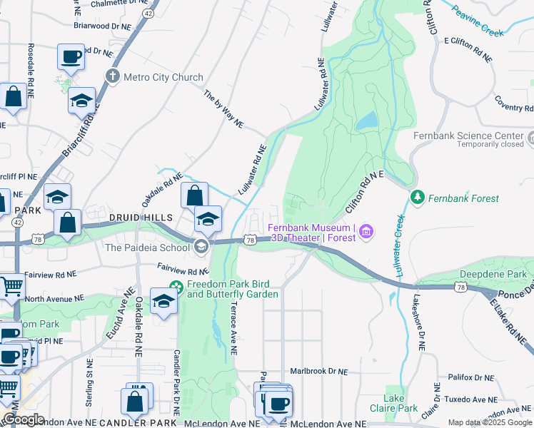 map of restaurants, bars, coffee shops, grocery stores, and more near 52 Lullwater Estate Northeast in Atlanta