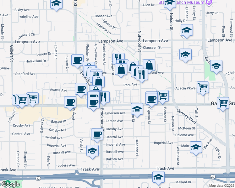 map of restaurants, bars, coffee shops, grocery stores, and more near 12970 Hansa Court in Garden Grove