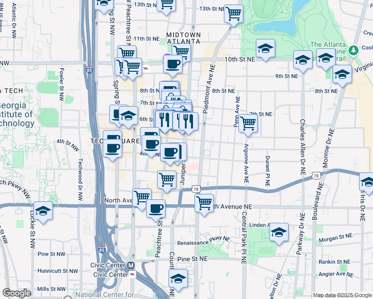 map of restaurants, bars, coffee shops, grocery stores, and more near 763 Juniper Street Northeast in Atlanta