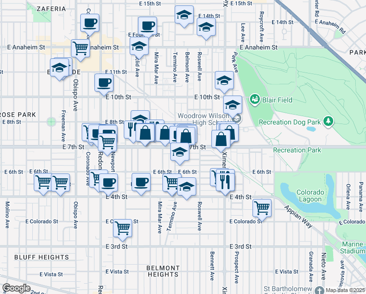 map of restaurants, bars, coffee shops, grocery stores, and more near 4107 East 7th Street in Long Beach