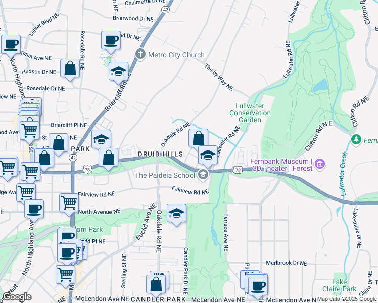 map of restaurants, bars, coffee shops, grocery stores, and more near 46 Lullwater Place Northeast in Atlanta