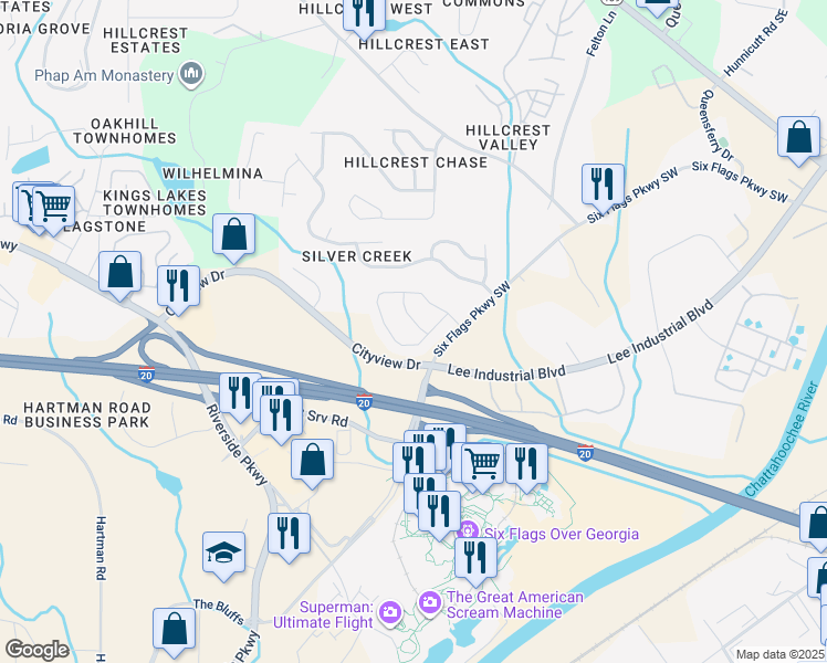 map of restaurants, bars, coffee shops, grocery stores, and more near 7475 Silver Arrow Trail Southeast in Austell