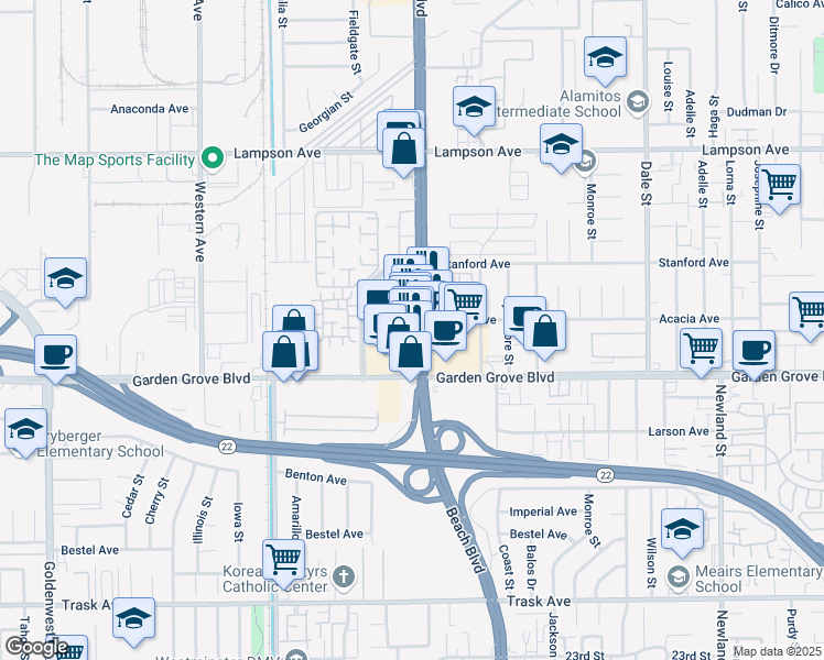 map of restaurants, bars, coffee shops, grocery stores, and more near 12865 Beach Boulevard in Stanton