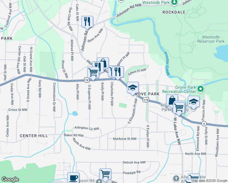 map of restaurants, bars, coffee shops, grocery stores, and more near 741 Charlotte Place Northwest in Atlanta