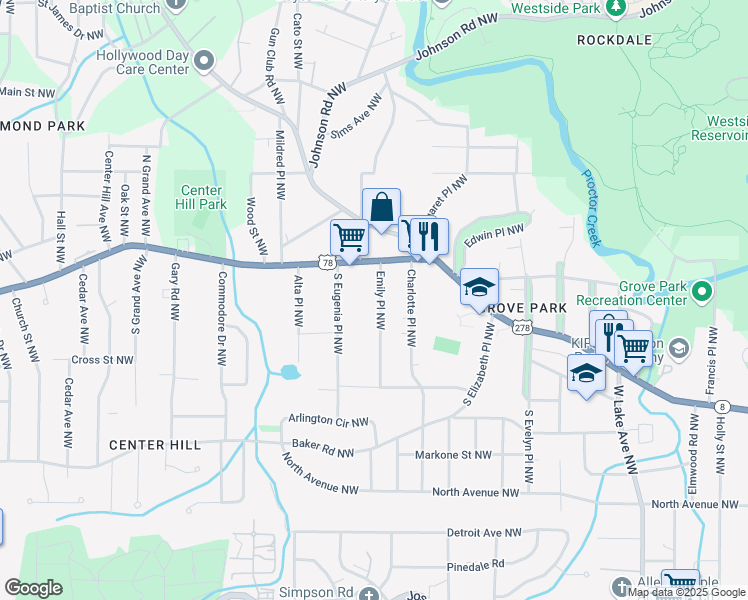 map of restaurants, bars, coffee shops, grocery stores, and more near 744 Emily Place Northwest in Atlanta