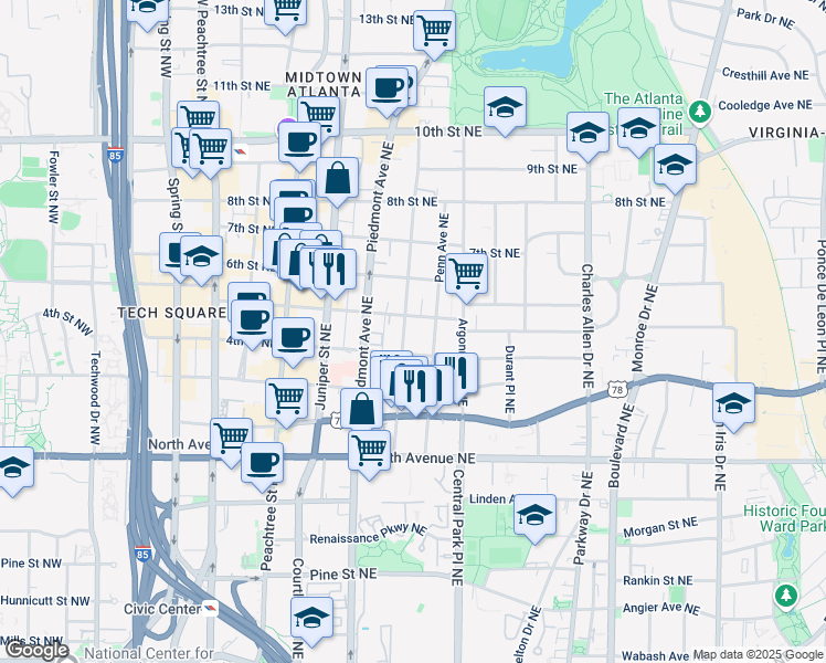 map of restaurants, bars, coffee shops, grocery stores, and more near 759 Myrtle Street Northeast in Atlanta