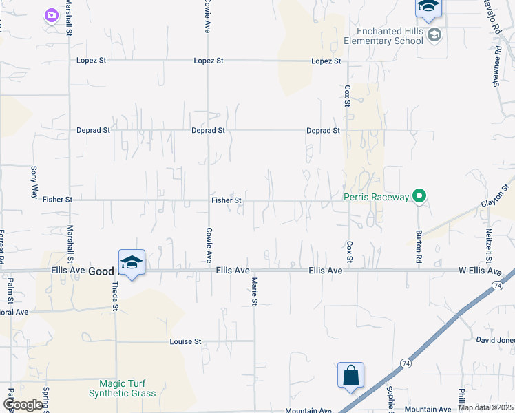map of restaurants, bars, coffee shops, grocery stores, and more near 22661 Fisher Street in Perris