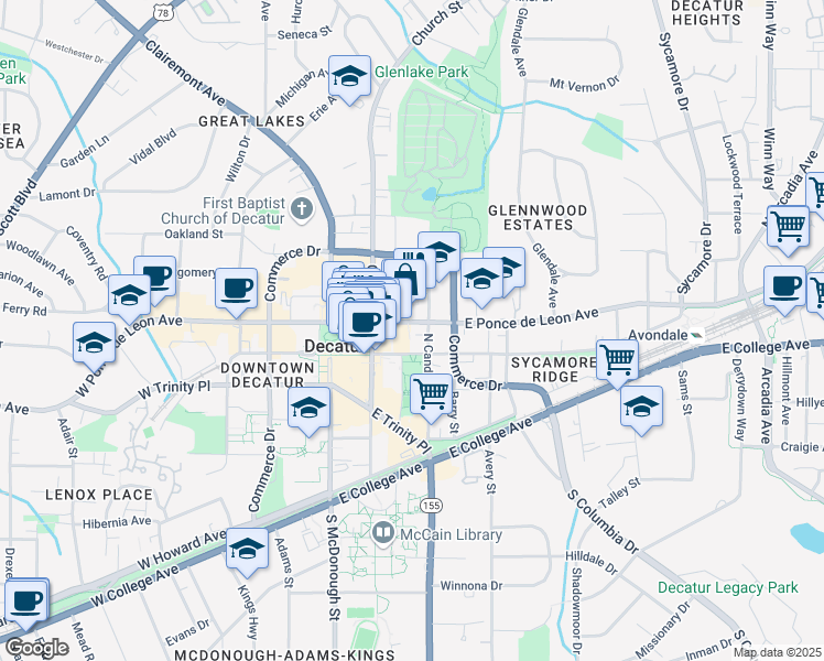 map of restaurants, bars, coffee shops, grocery stores, and more near 216 East Ponce de Leon Avenue in Decatur