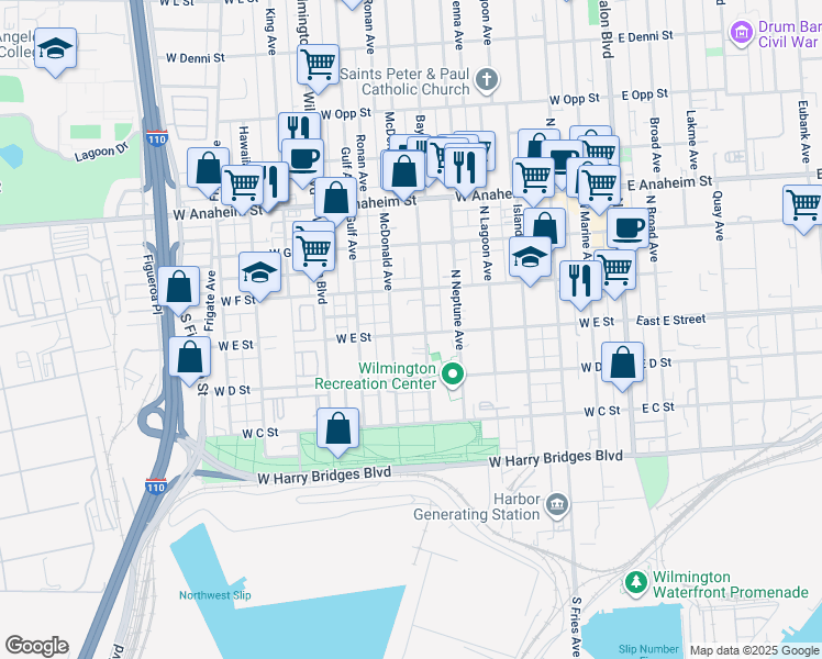 map of restaurants, bars, coffee shops, grocery stores, and more near 713 West E Street in Los Angeles
