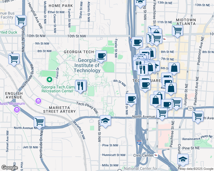 map of restaurants, bars, coffee shops, grocery stores, and more near 258 4th Street Northwest in Atlanta