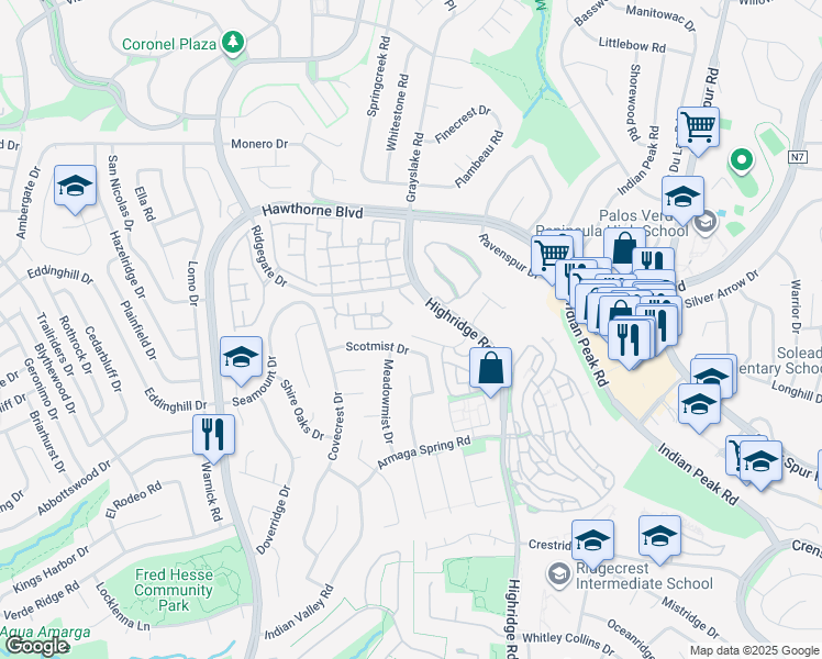 map of restaurants, bars, coffee shops, grocery stores, and more near 5975 Peacock Ridge Road in Rancho Palos Verdes