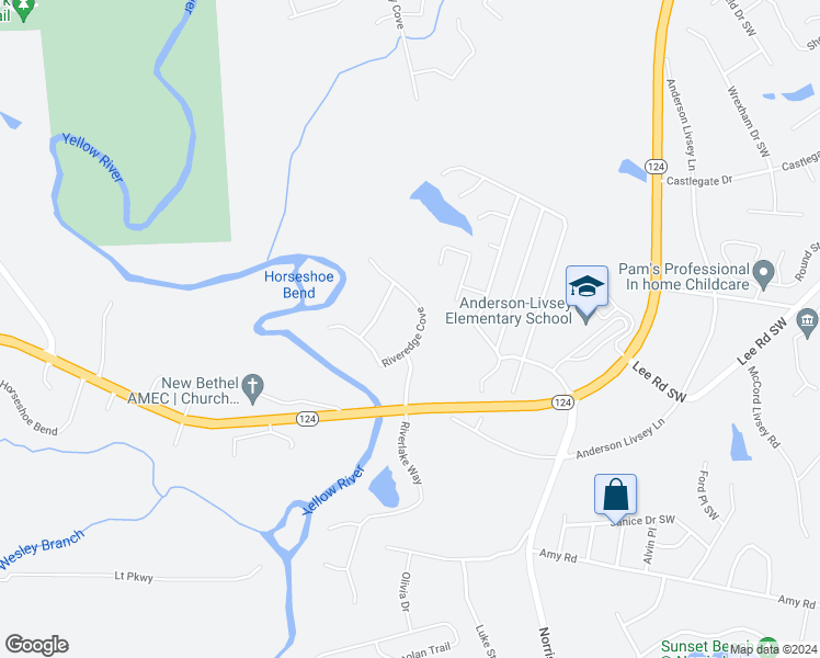 map of restaurants, bars, coffee shops, grocery stores, and more near 4715 Riveredge Cove in Snellville