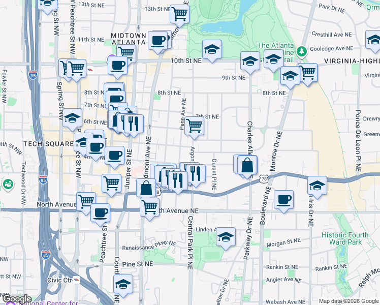map of restaurants, bars, coffee shops, grocery stores, and more near 758 Argonne Avenue Northeast in Atlanta