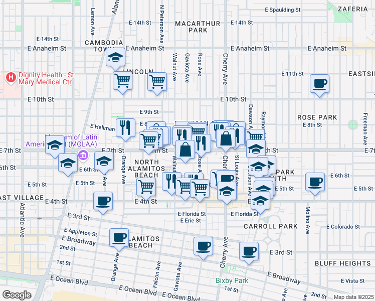 map of restaurants, bars, coffee shops, grocery stores, and more near E 7th St & Gaviota Ave in Long Beach