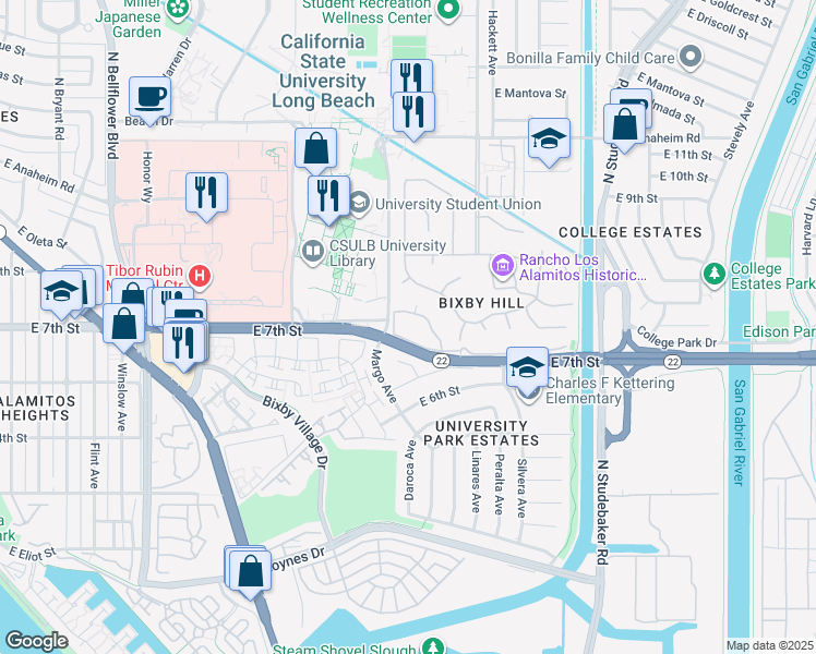 map of restaurants, bars, coffee shops, grocery stores, and more near 6268 Riviera Circle in Long Beach