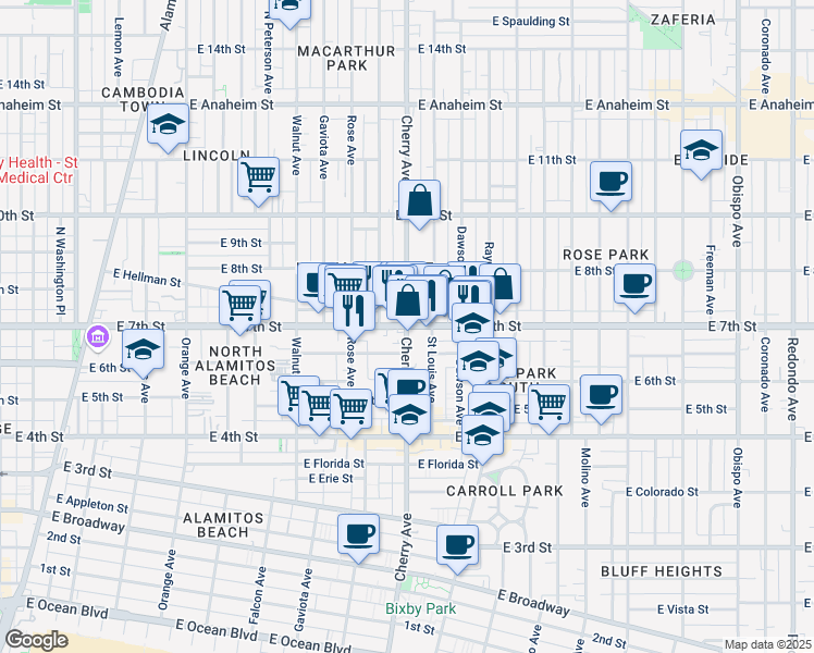 map of restaurants, bars, coffee shops, grocery stores, and more near Cherry Ave & E 7th St in Long Beach