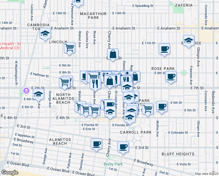 map of restaurants, bars, coffee shops, grocery stores, and more near East 7th Street & Cherry Avenue in Long Beach