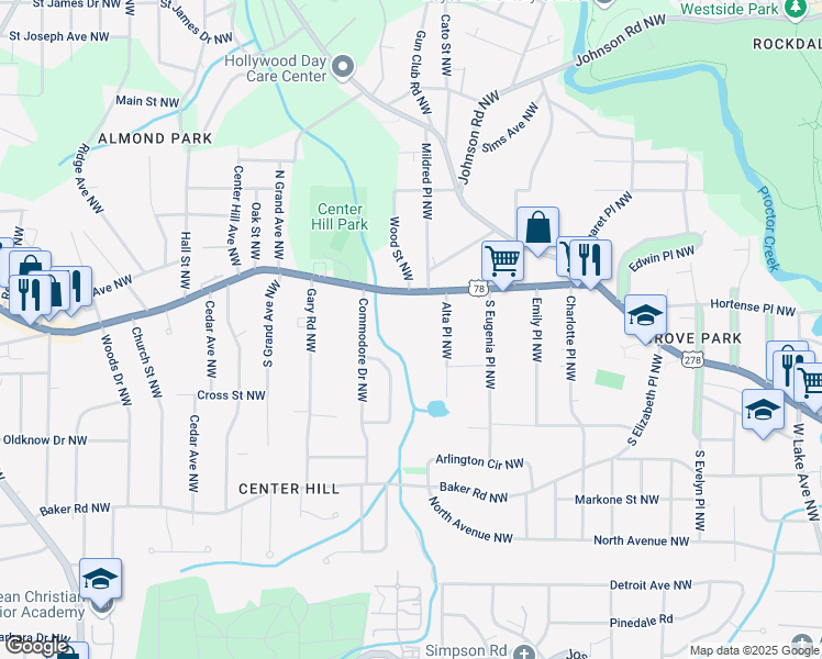 map of restaurants, bars, coffee shops, grocery stores, and more near 2176 Donald Lee Hollowell Parkway Northwest in Atlanta