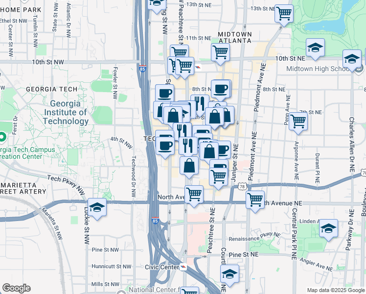 map of restaurants, bars, coffee shops, grocery stores, and more near 755 West Peachtree Street Northwest in Atlanta