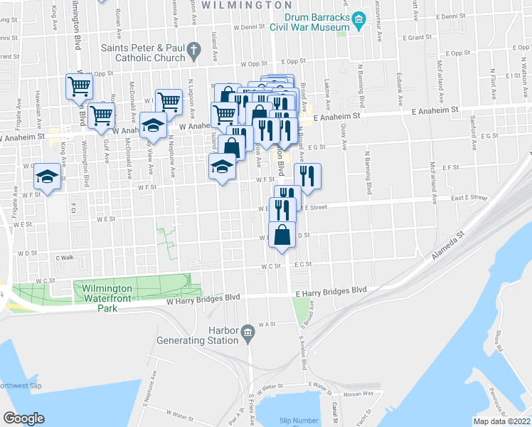 map of restaurants, bars, coffee shops, grocery stores, and more near 440 North Marine Avenue in Los Angeles