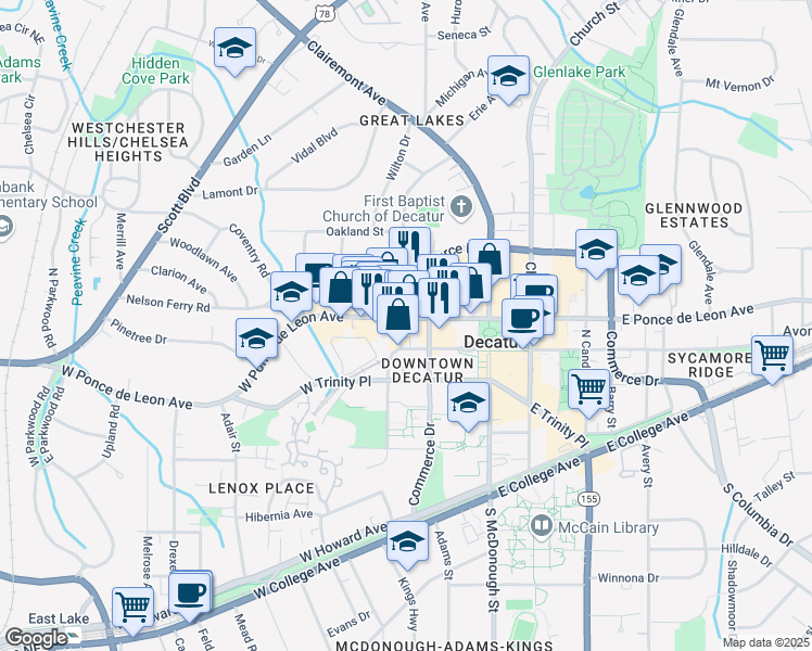 map of restaurants, bars, coffee shops, grocery stores, and more near 177 Ponce De Leon Place in Decatur