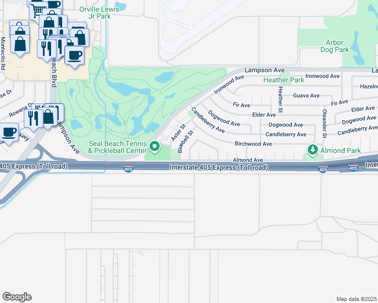 map of restaurants, bars, coffee shops, grocery stores, and more near 3557 Camelia Street in Seal Beach
