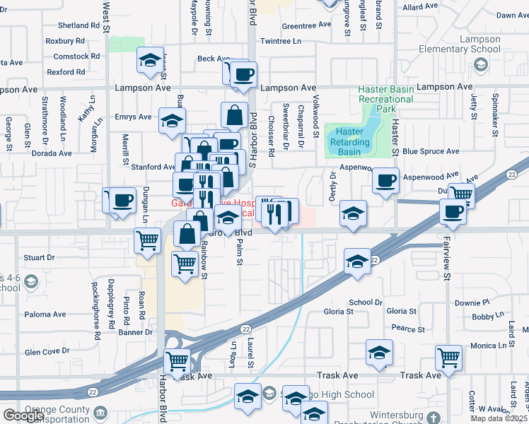 map of restaurants, bars, coffee shops, grocery stores, and more near 12892 Palm Street in Garden Grove