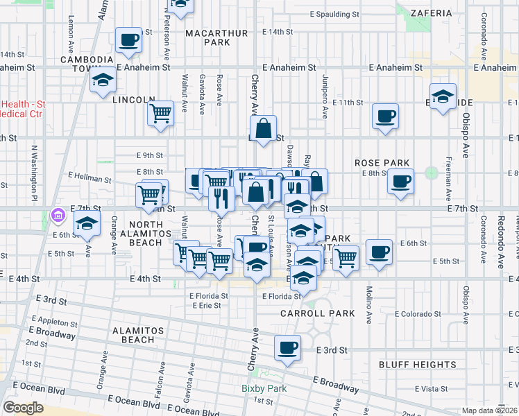 map of restaurants, bars, coffee shops, grocery stores, and more near 2009 East 7th Street in Long Beach