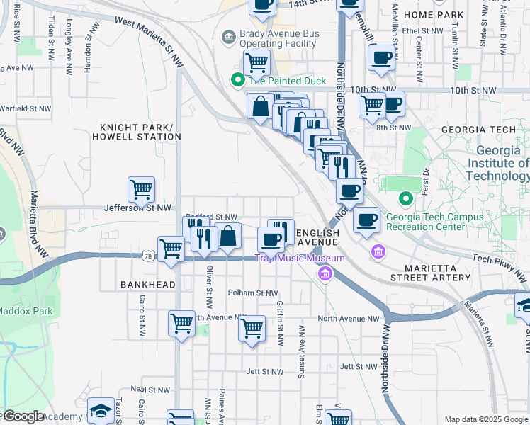 map of restaurants, bars, coffee shops, grocery stores, and more near 767 Chestnut Street Northwest in Atlanta