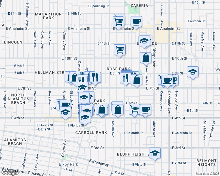 map of restaurants, bars, coffee shops, grocery stores, and more near 2603 East 7th Street in Long Beach