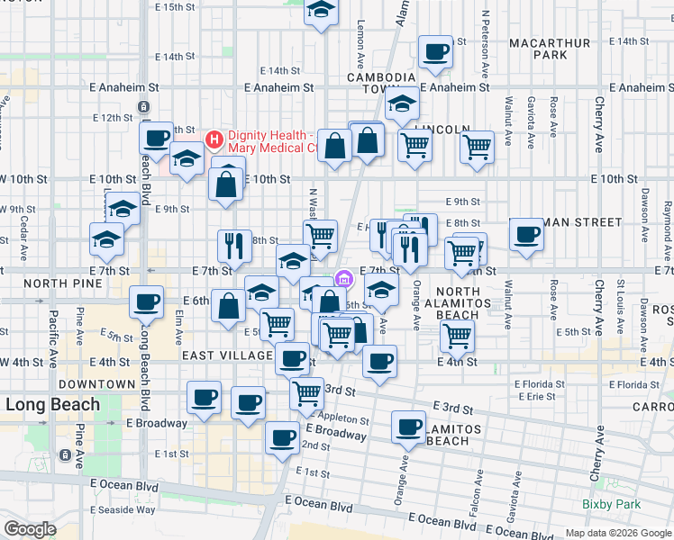 map of restaurants, bars, coffee shops, grocery stores, and more near E 7th St & Alamitos Ave in Long Beach