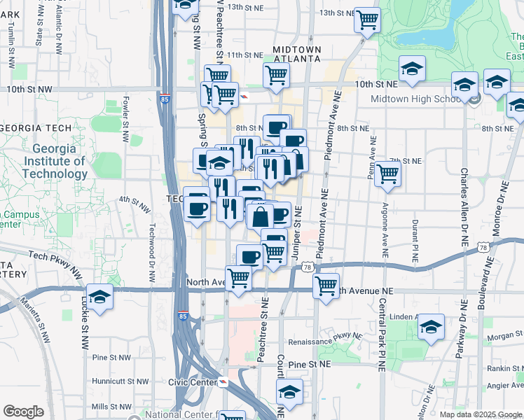 map of restaurants, bars, coffee shops, grocery stores, and more near 764 West Peachtree Street Northwest in Atlanta