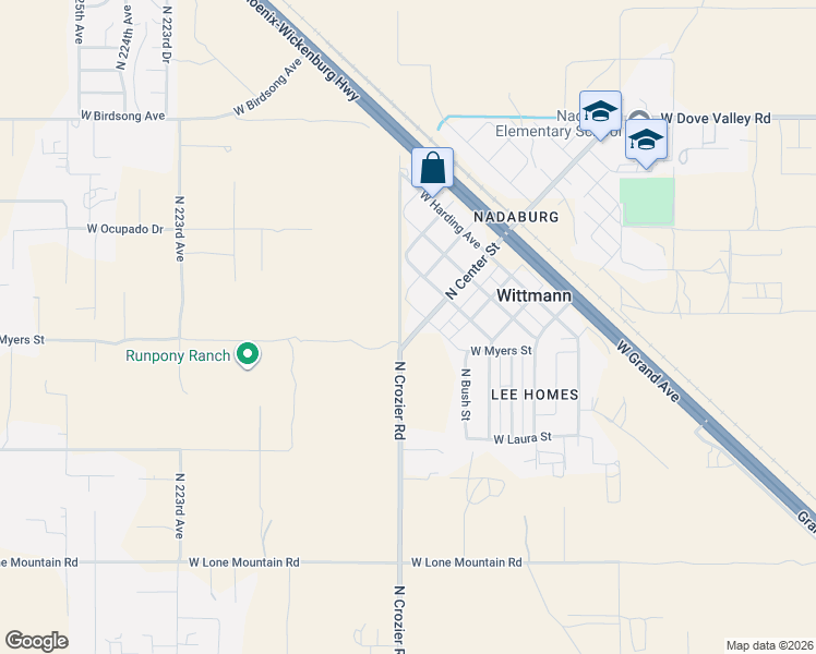 map of restaurants, bars, coffee shops, grocery stores, and more near 32208 North Center Street in Wittmann