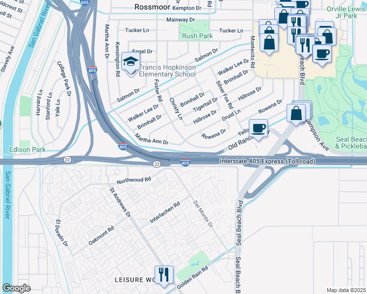 map of restaurants, bars, coffee shops, grocery stores, and more near 2922 Druid Lane in Los Alamitos