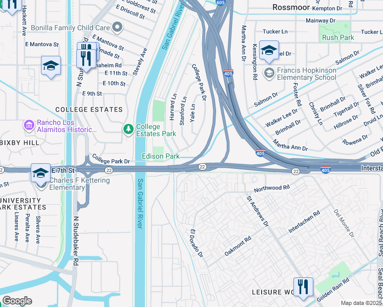map of restaurants, bars, coffee shops, grocery stores, and more near 409 Purdue Circle in Seal Beach