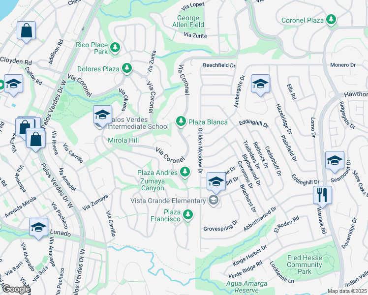 map of restaurants, bars, coffee shops, grocery stores, and more near 1417 Vía Coronel in Palos Verdes Estates