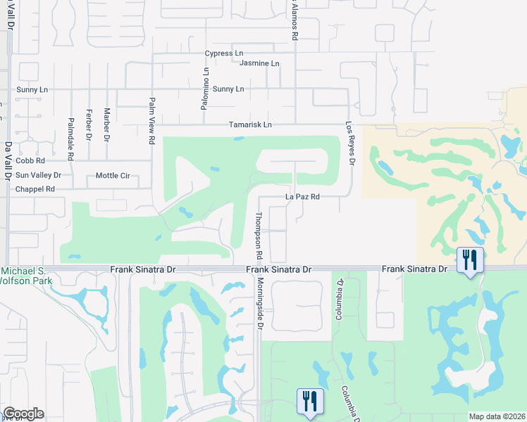 map of restaurants, bars, coffee shops, grocery stores, and more near 5 Sun Ridge Circle in Rancho Mirage