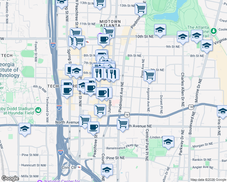 map of restaurants, bars, coffee shops, grocery stores, and more near 775 Juniper Street Northeast in Atlanta