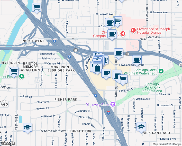 map of restaurants, bars, coffee shops, grocery stores, and more near 2800 North Main Street in Orange