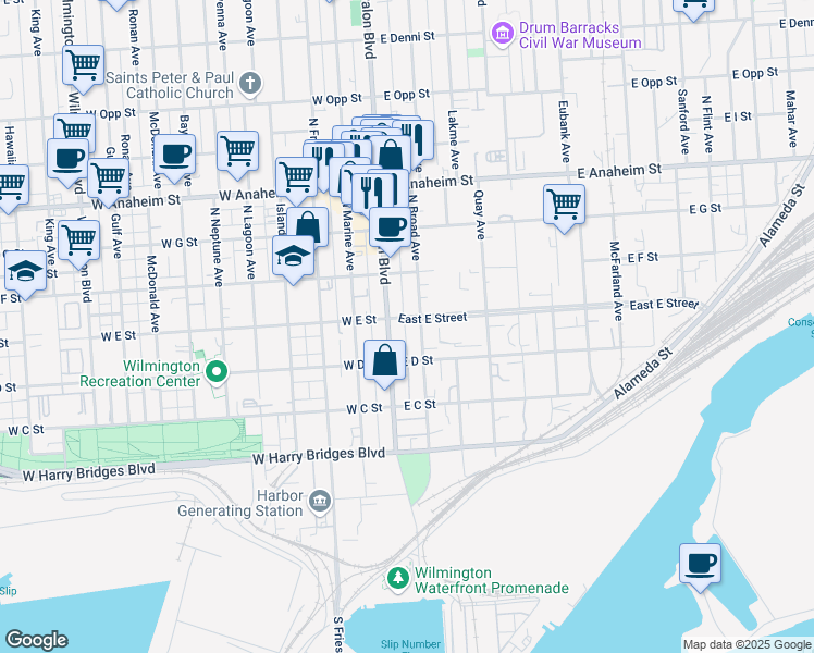 map of restaurants, bars, coffee shops, grocery stores, and more near 114 East E Street in Los Angeles
