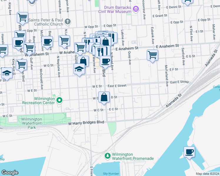 map of restaurants, bars, coffee shops, grocery stores, and more near 122 East E Street in Los Angeles
